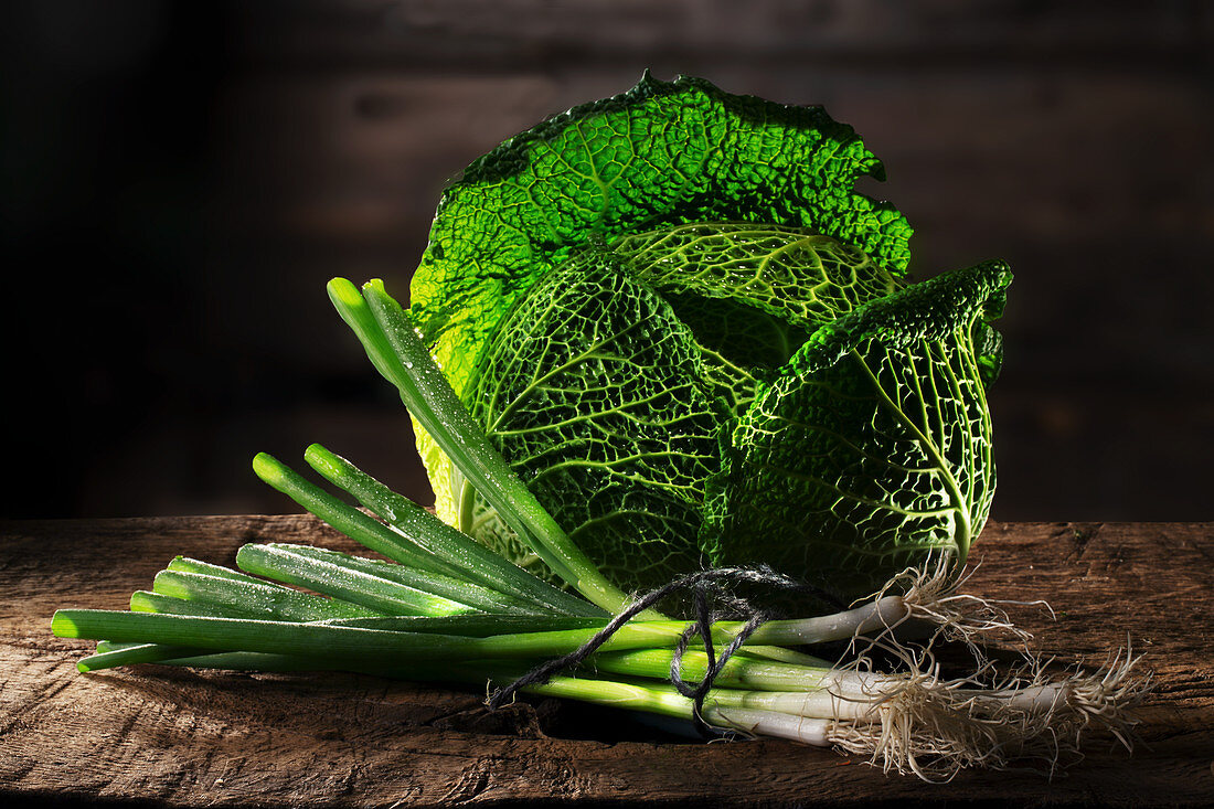 Savoy cabbage and spring onions