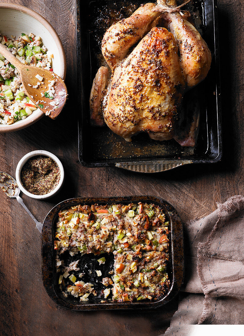 Mustard-glazed roast chicken with Waldorf stuffing