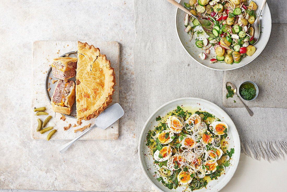 Ploughman's pork and cheese picnic pie, Summer allotment salad with English mustard dressing, Egg and parsley salad with watercress dressing