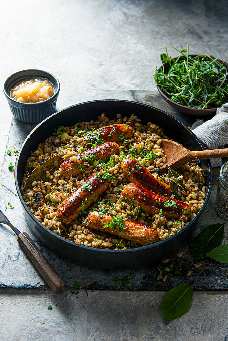 Pearl barley with mushrom, celery and grilled sausages