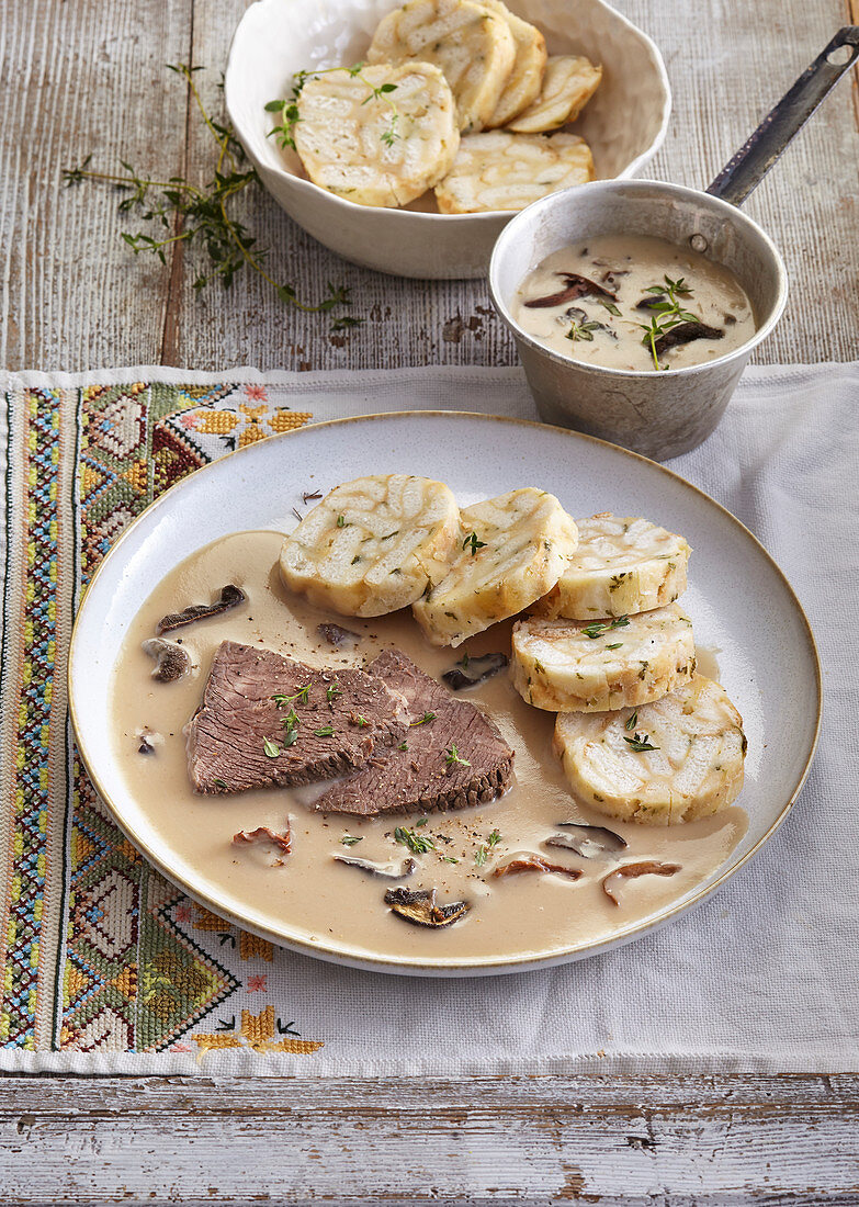 Beef with forest mushroom sauce