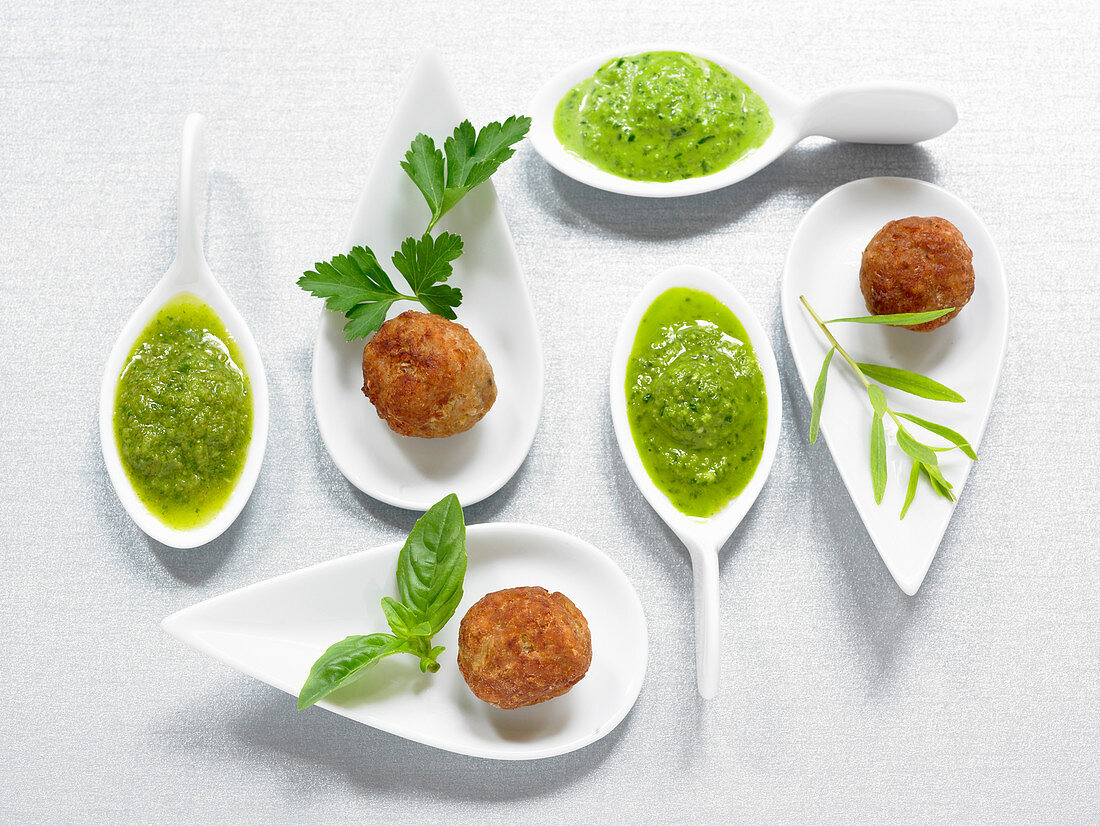 Veal meatballs with a herb dip