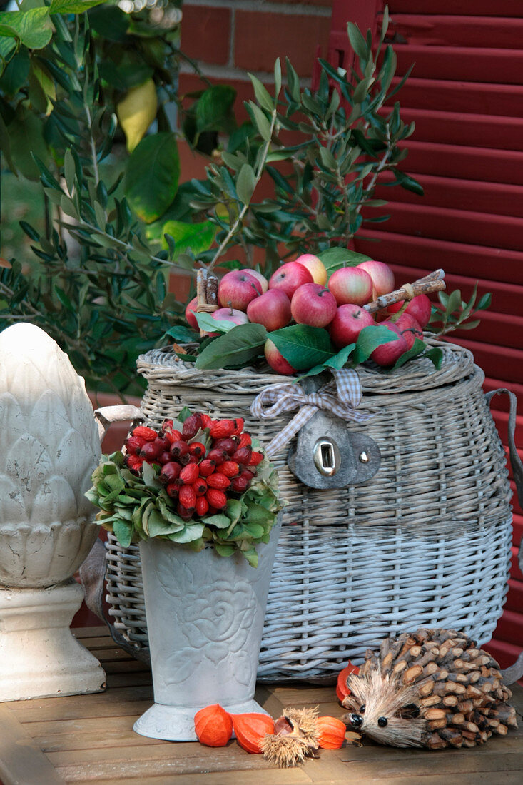 Herbstliches Stilleben mit Apfelkranz auf Korb, Hagebutten-Strauß, Dekozapfen, Dekoigel und Lampions