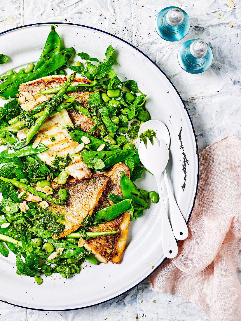 Barbecued Fish with Snow Pea and Asparagus Salad