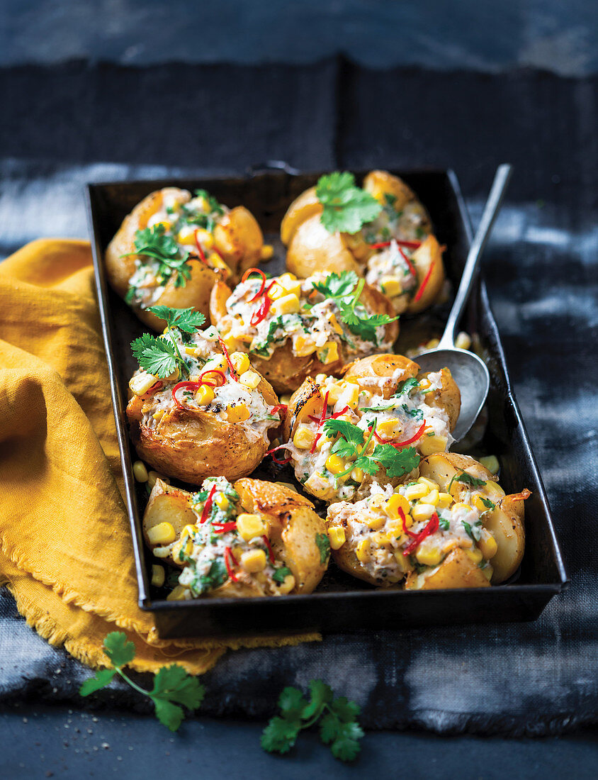 Sweetcorn stuffed spuds with tuna