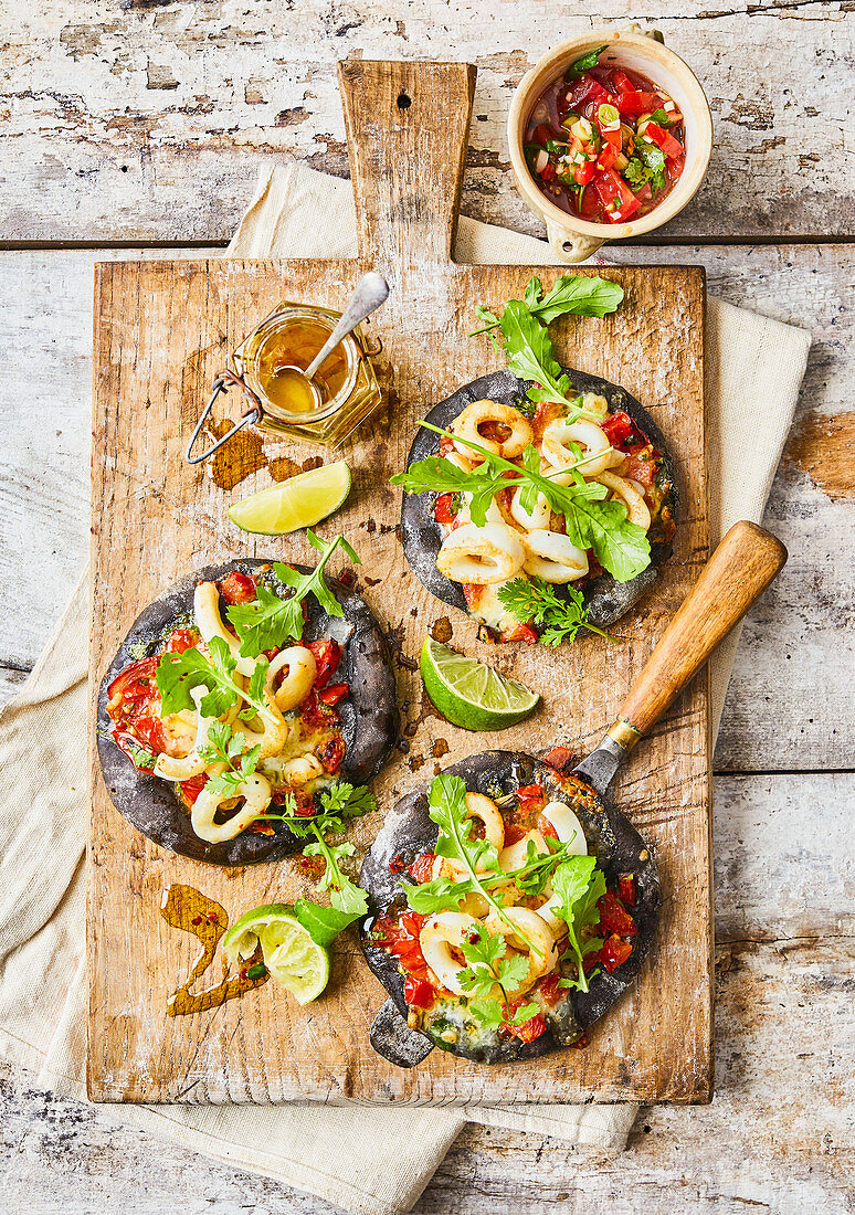 Calamari and chilli pizza with black crust