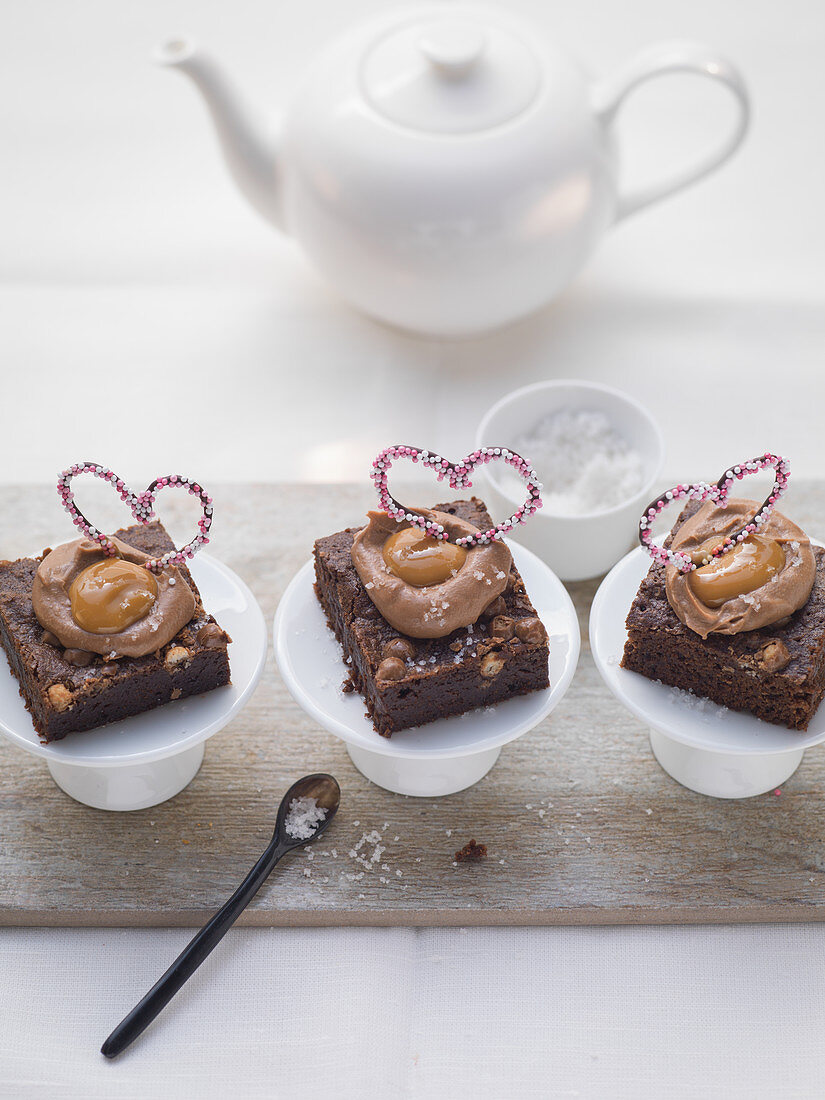 Brownie with caramel cream and heart decorations