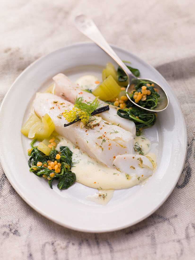 Cod with braised cucumber on dill sauce