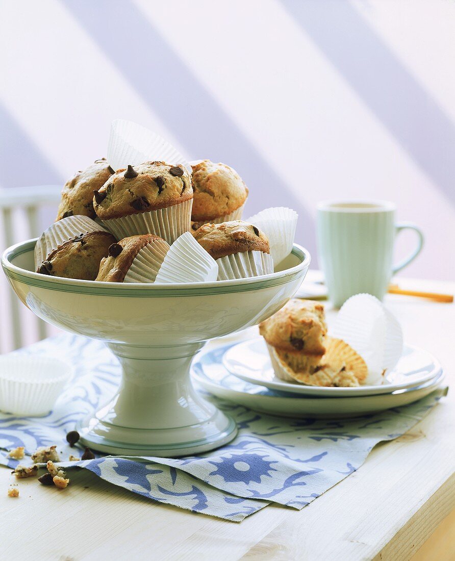 Chocolate chip muffins in bowl and on plate on table