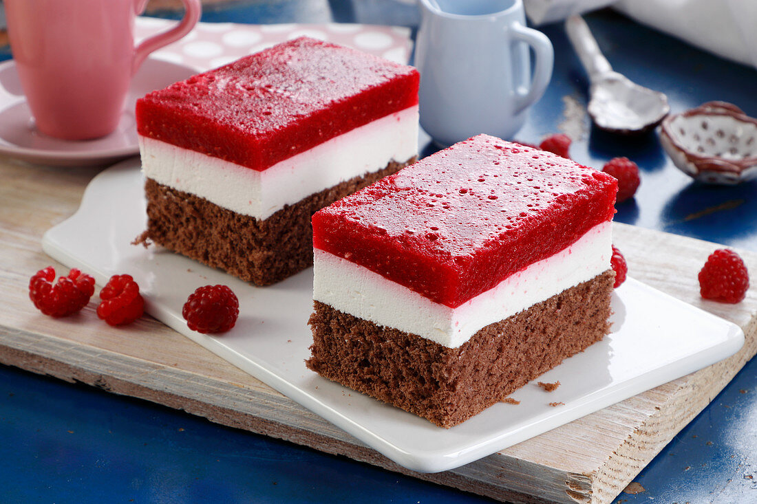 Creamy chocolate cake with raspberry mousse