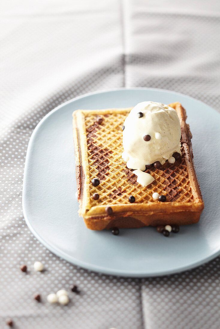 Black-and-white chocolate waffle with vanilla ice cream