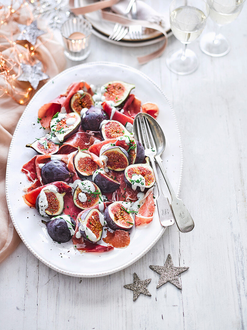 Figs and serrano ham with roquefort drizzle