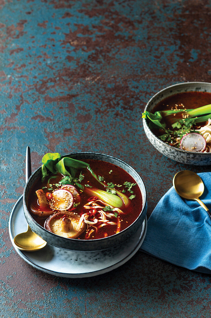 Easiest home-made Asian broth with radish, pak choy and miso