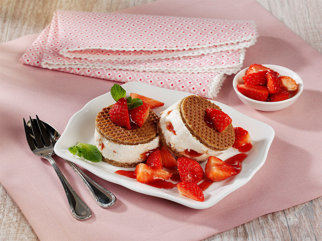 Yoghurt and elderflower ice cream sandwiches with strawberries