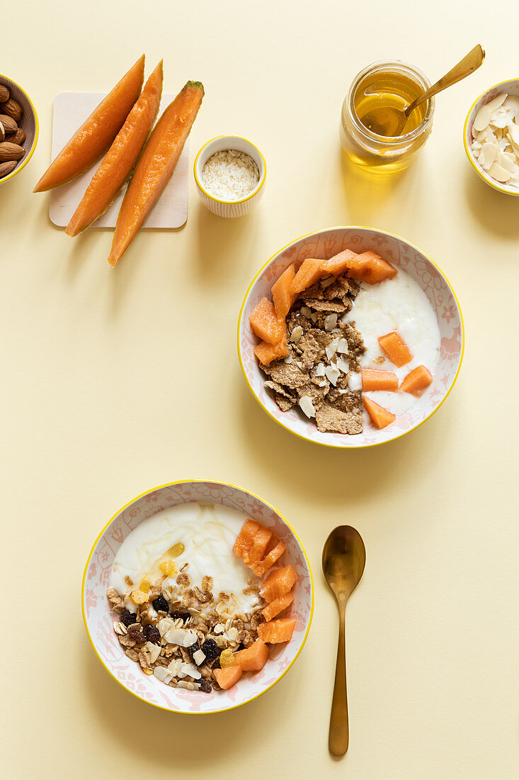 Bowls with delicious healthy breakfast prepared with yogurt and granola with fresh cantaloupe melon served on table with ingredients