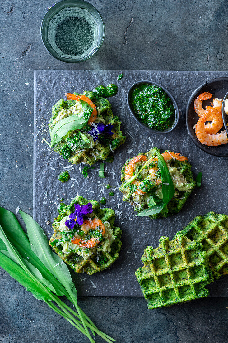 Wild garlic waffles with shrimp