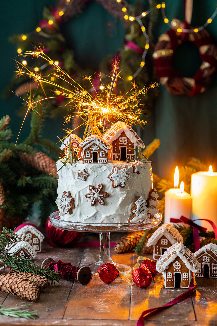 Christmas cake with gingerbread gingerbread houses