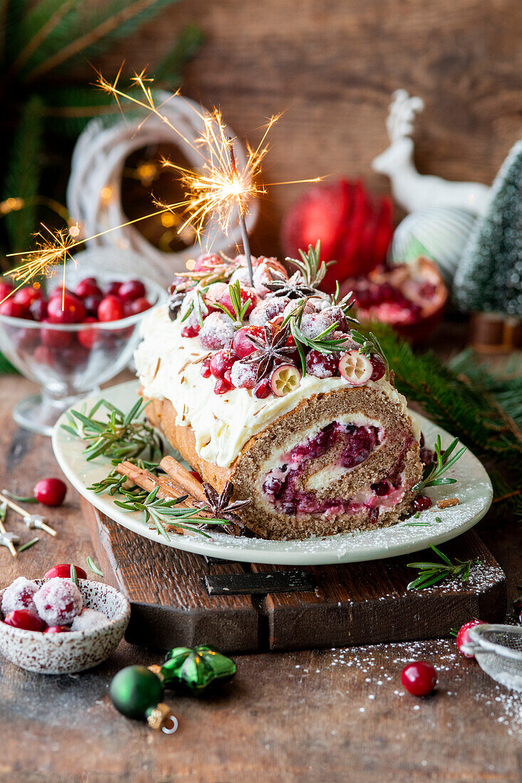 Cranberry spice cake roulade for Christmas