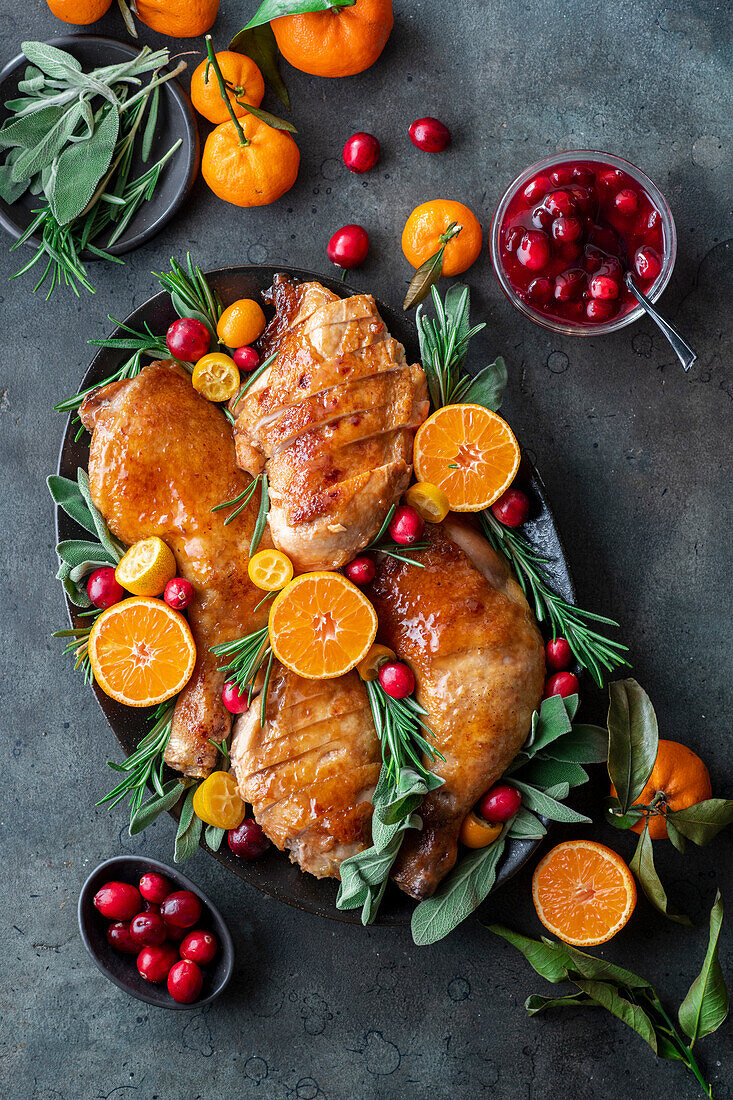 Roasted chicken thighs with cranberries and mandarins