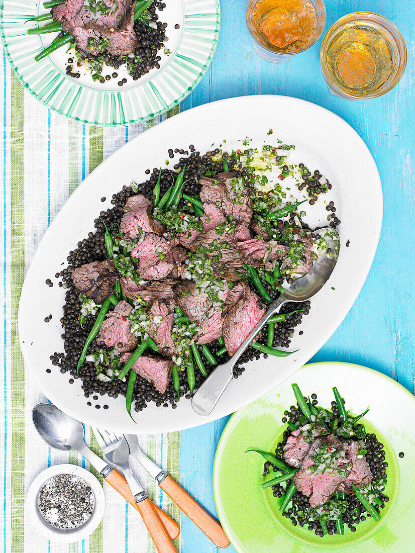 Chargrilled bavette steak with soy, lime, cumin and black beluga lentils