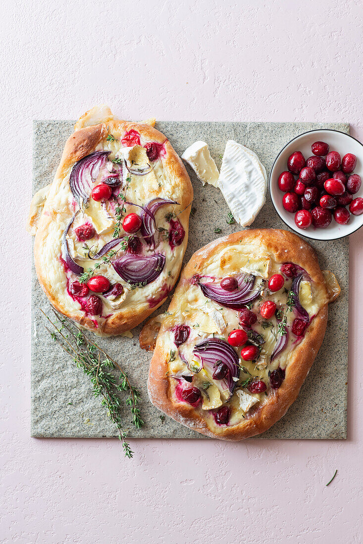 Cranberry Flatbread with Camembert and Red Onion