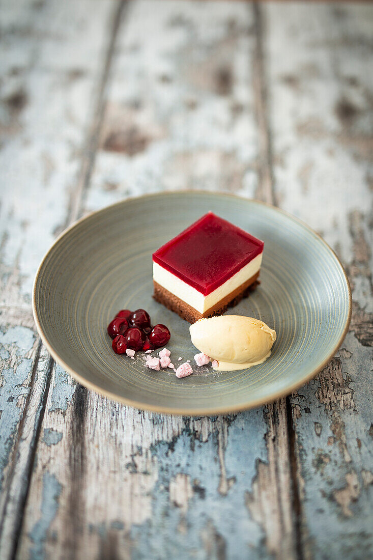 Black Forest cherry mousse with caramel ice cream and cherry compote