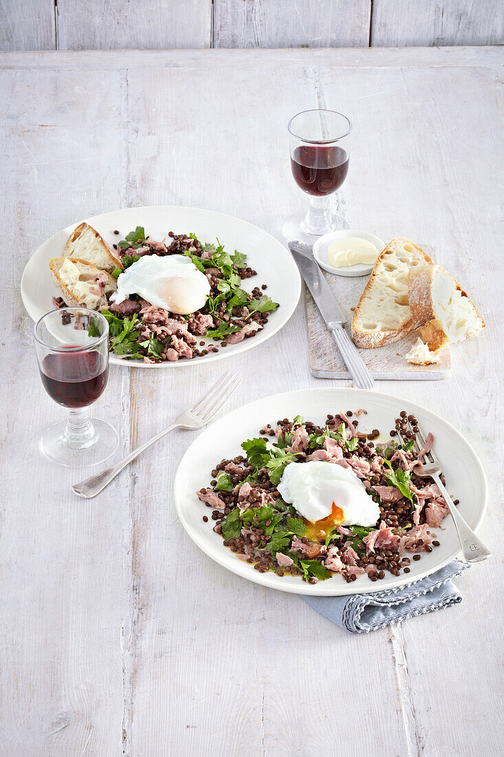 Puy lentils with ham, parsley, and poached egg