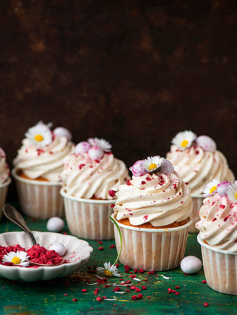 Cupcakes verziert mit Gänseblümchen zu Ostern