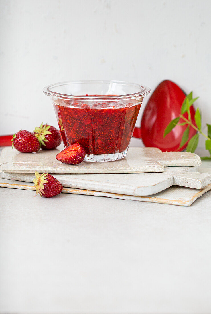 Strawberry verbena jam with chia seeds and agave syrup