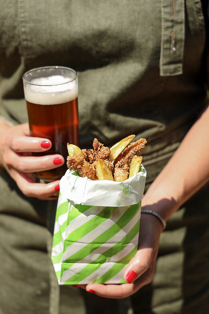 Fish and chips in a paper bag