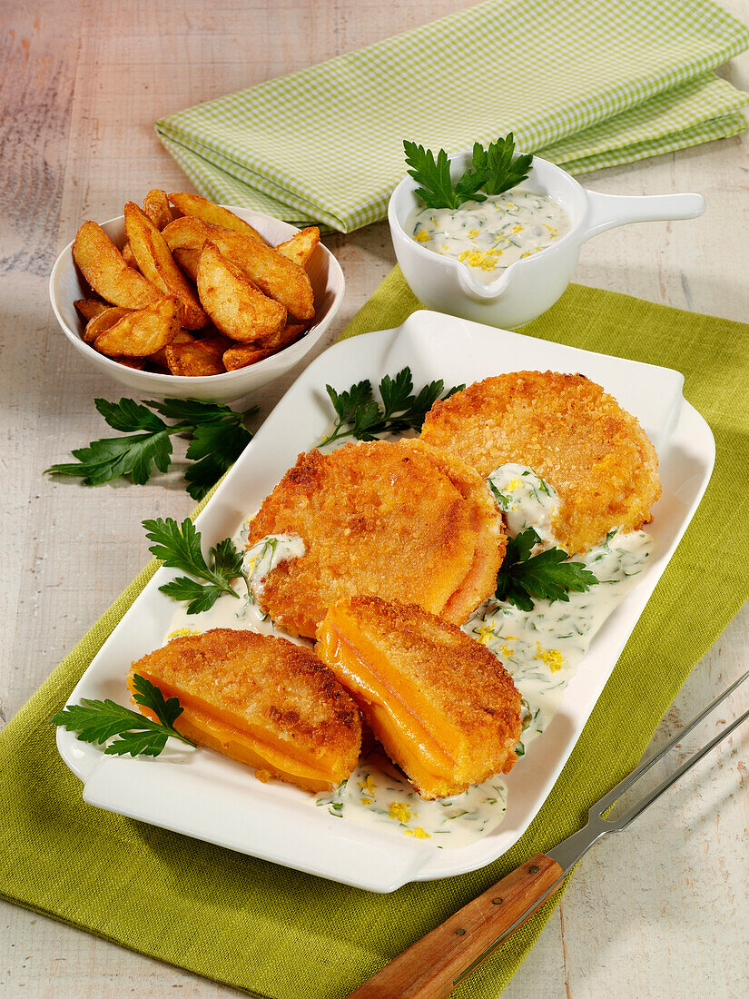 Pumpkin cordon bleu with parsley sauce