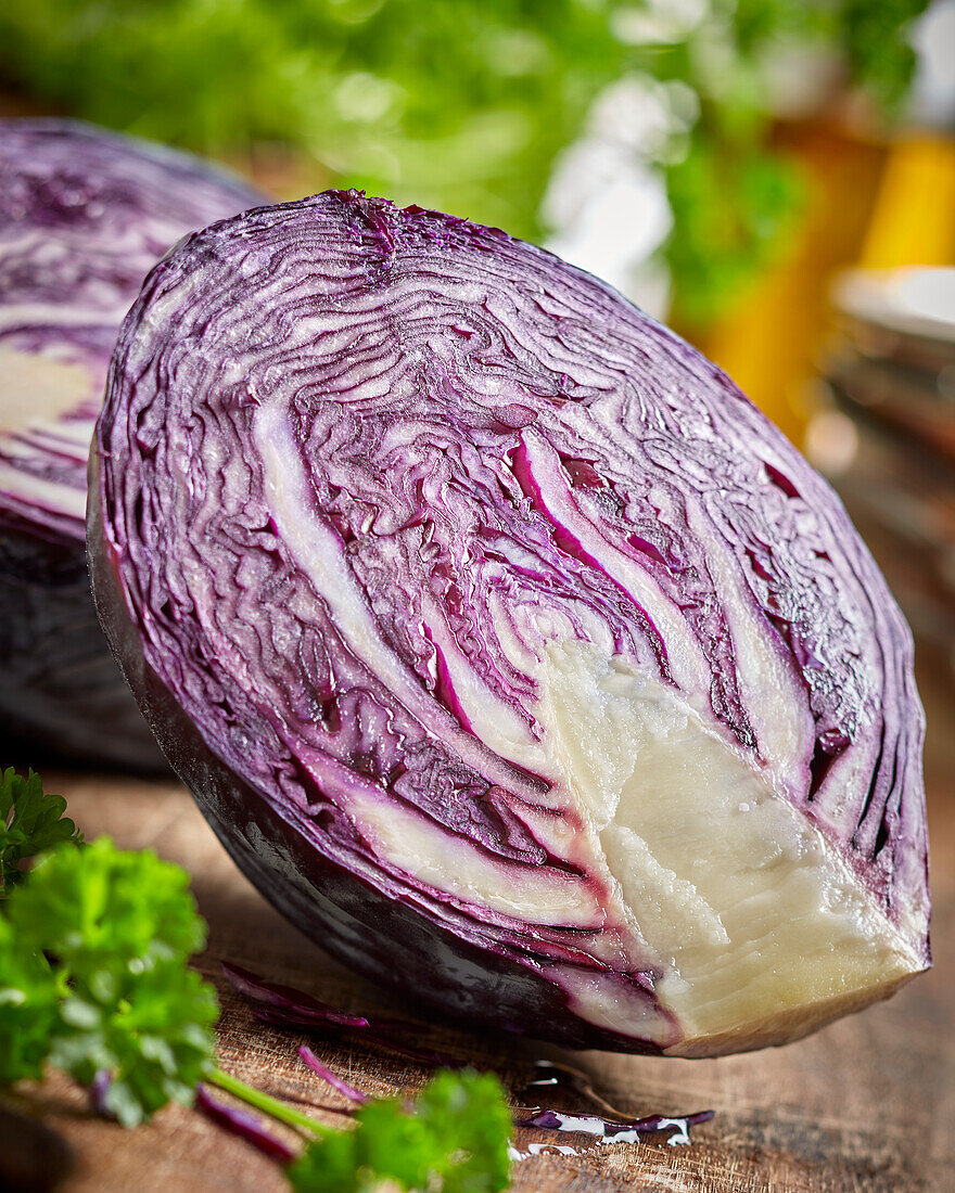 Red cabbage, halved