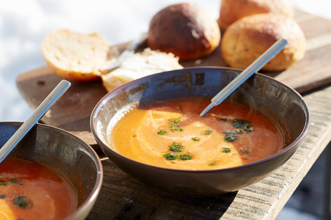 Tomatensuppe auf Tisch im winterlichen Garten