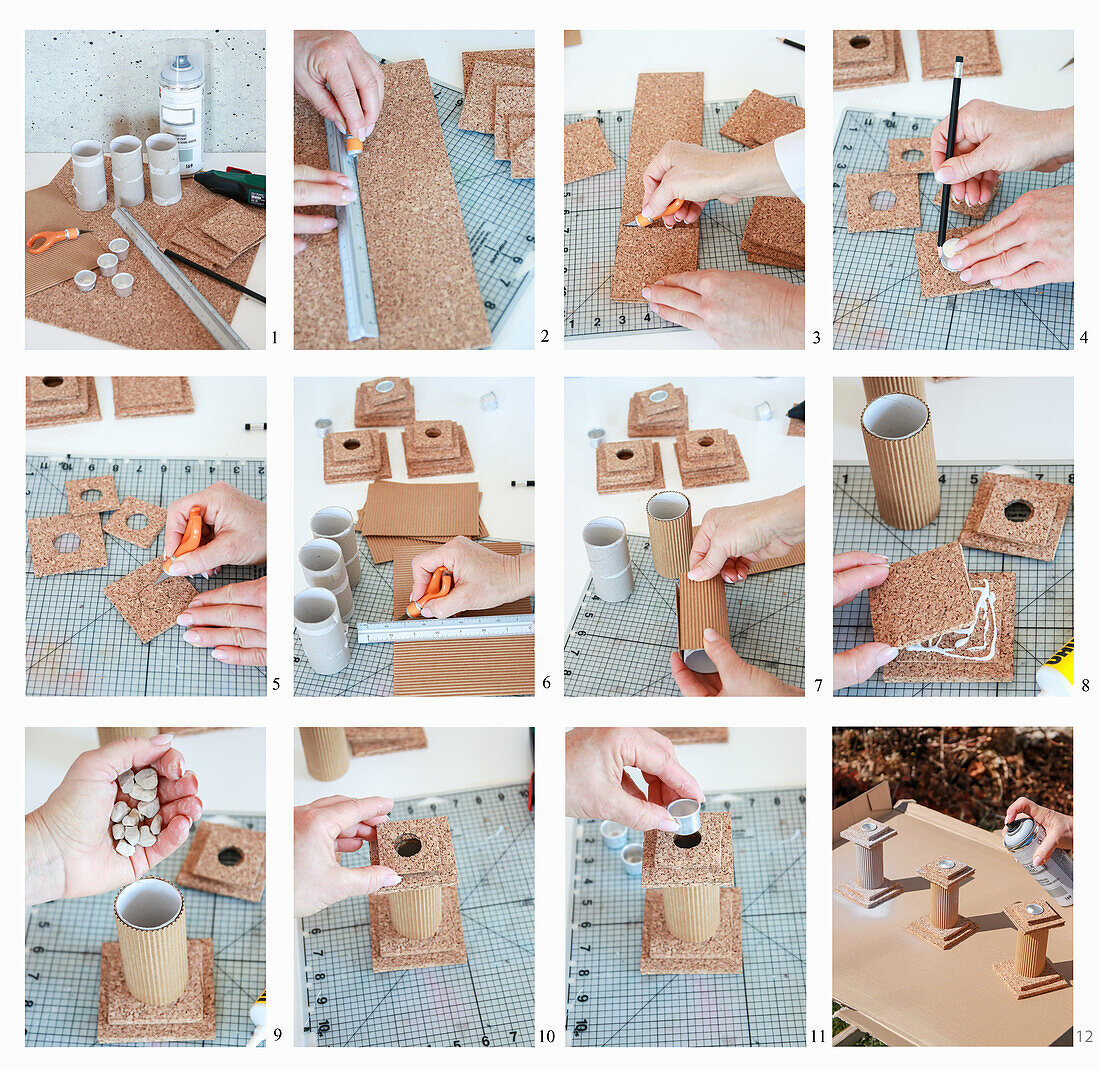 Making Grecian style candle holders from cardboard rolls and cork sheets