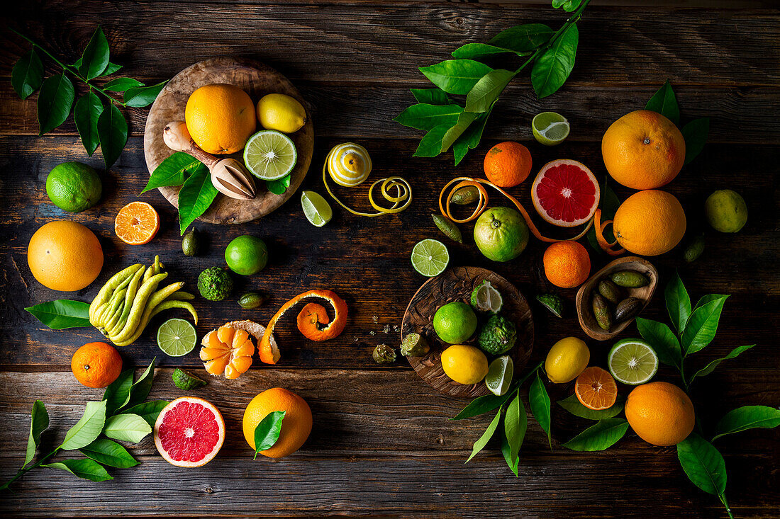 An arrangement of various citrus fruits