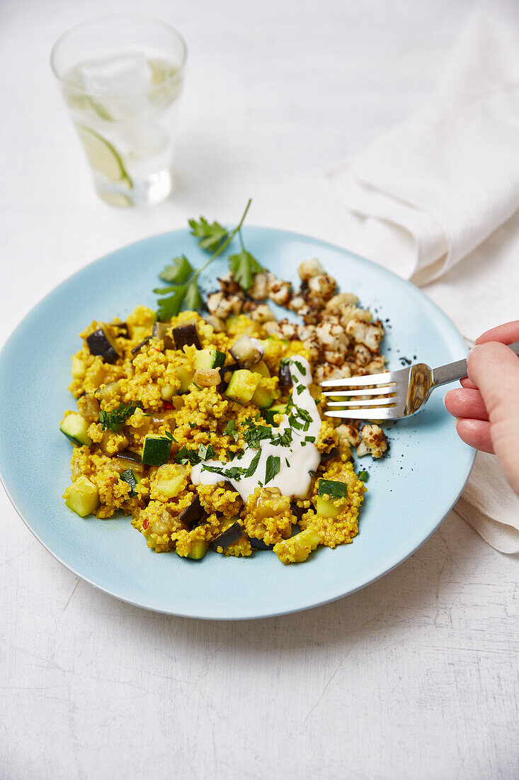 North African eggplant millet with roasted cauliflower