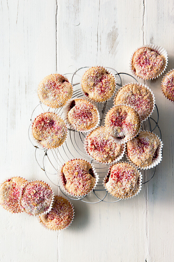 Classic Angel Cake muffins with raspberries and raspberry powder