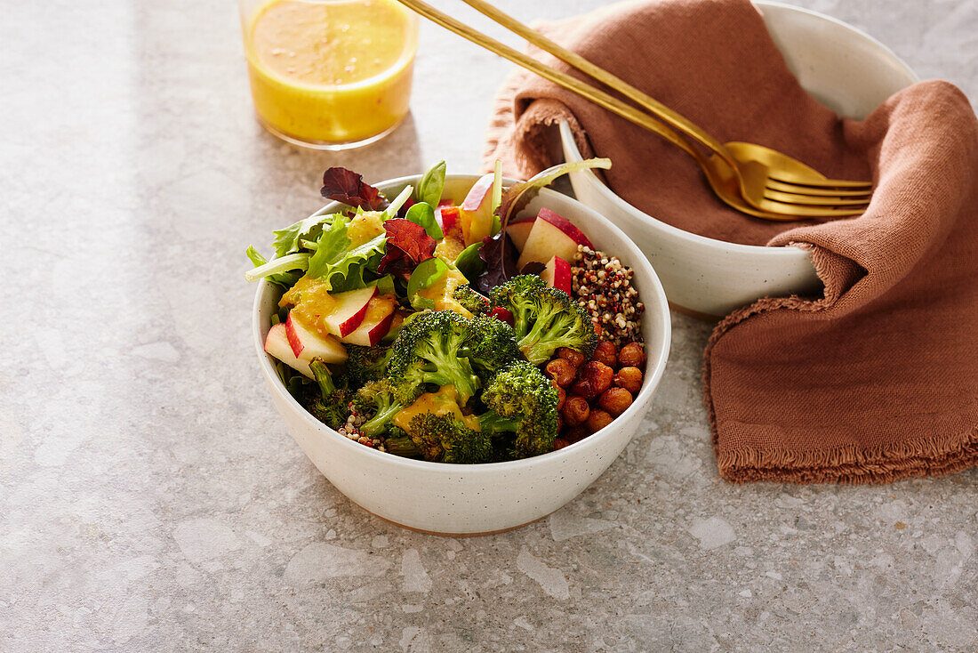 Broccoli power bowl with quinoa and chickpeas