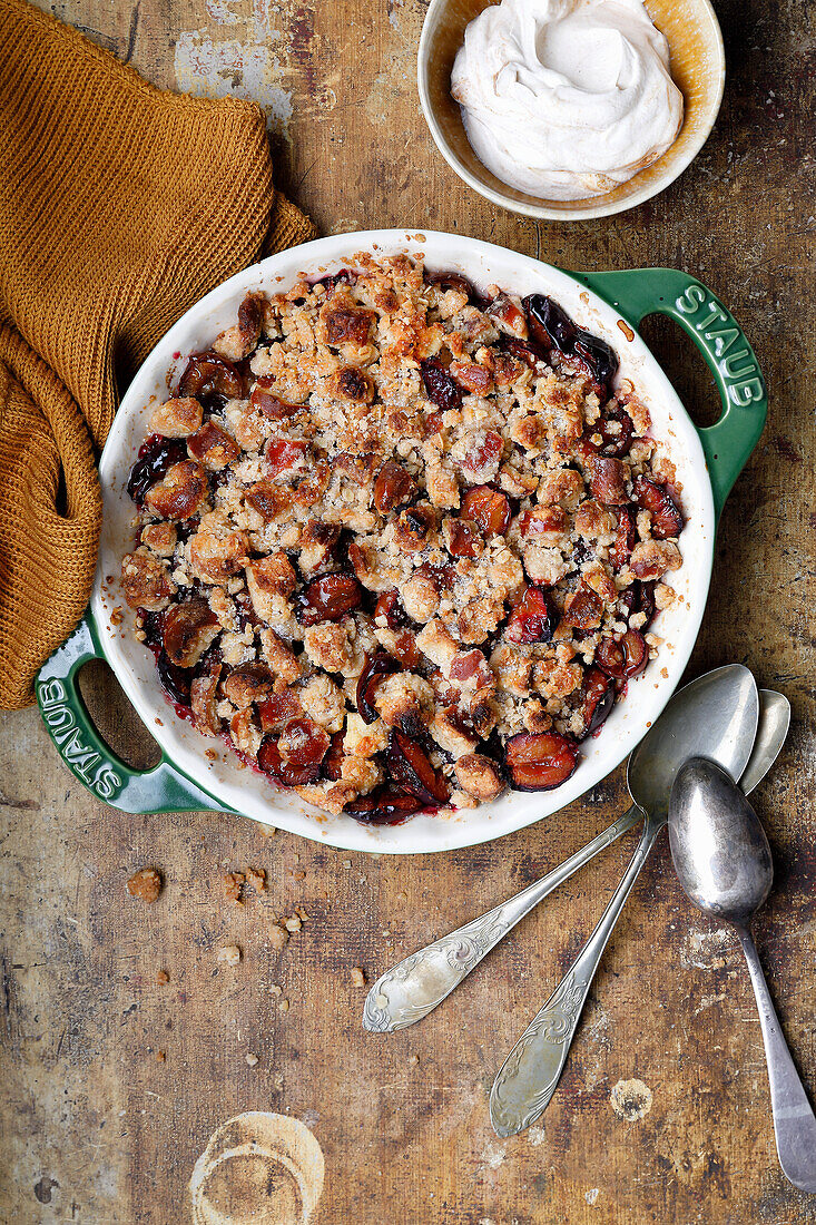 Plum crumble with pretzel crumble