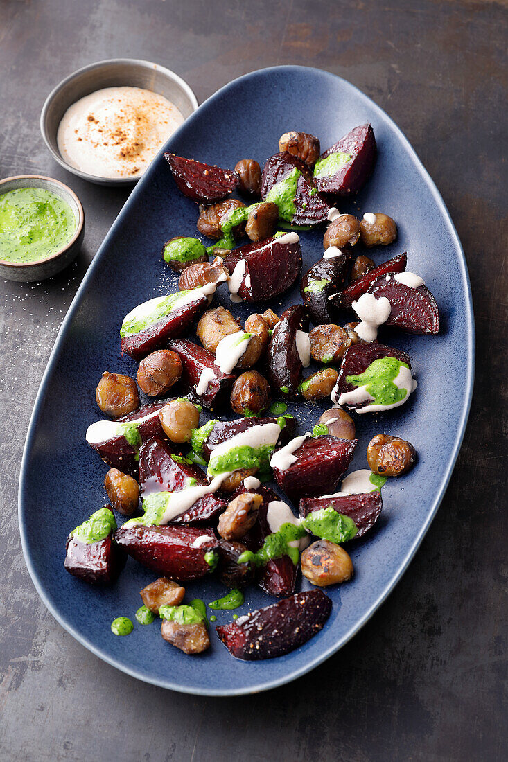 Beetroot with chestnuts and gingerbread yoghurt sauce
