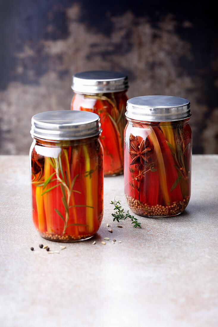 Spicy pickled chard with mustard, herbs and spices