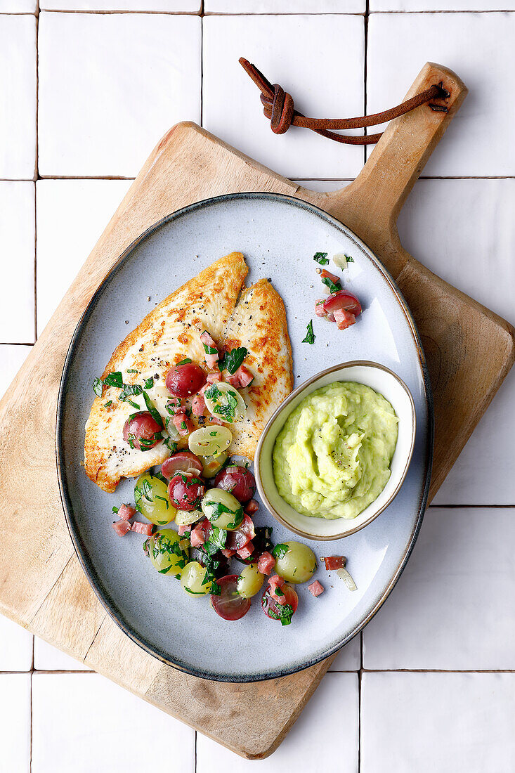 Plaice with bacon grapes and leek puree