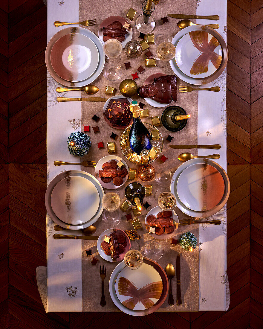 Festively set table for Christmas dinner