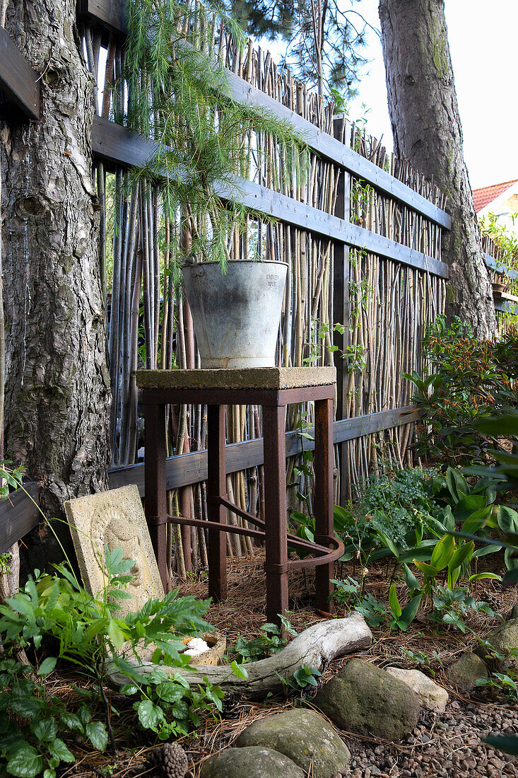 Screen made of willow wood under pine trees