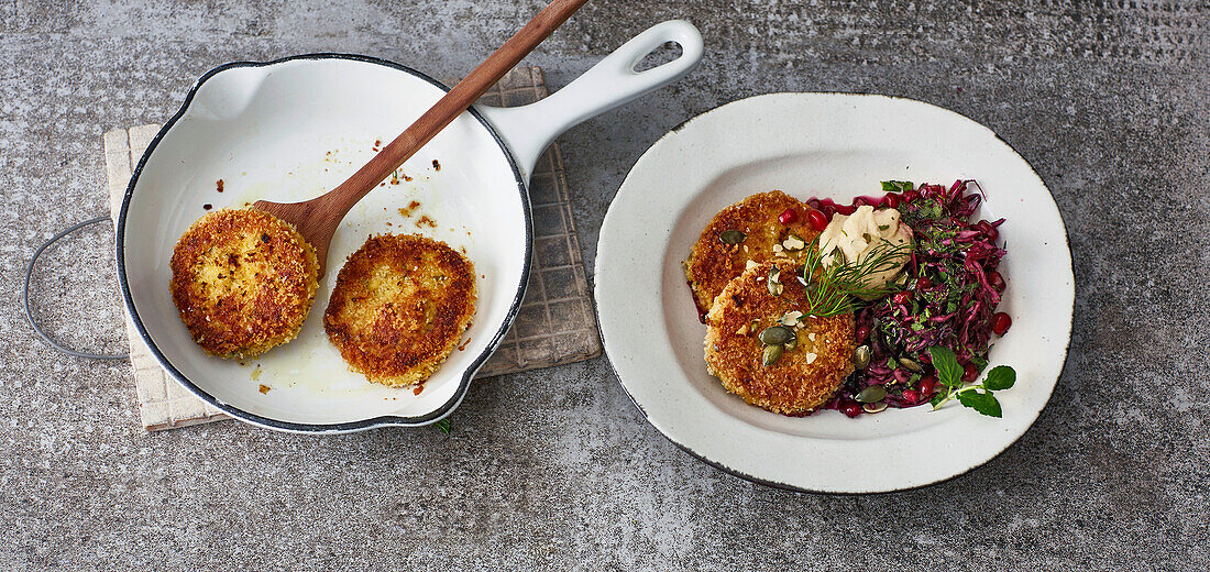 Vegetarian couscous pancakes with red cabbage salad