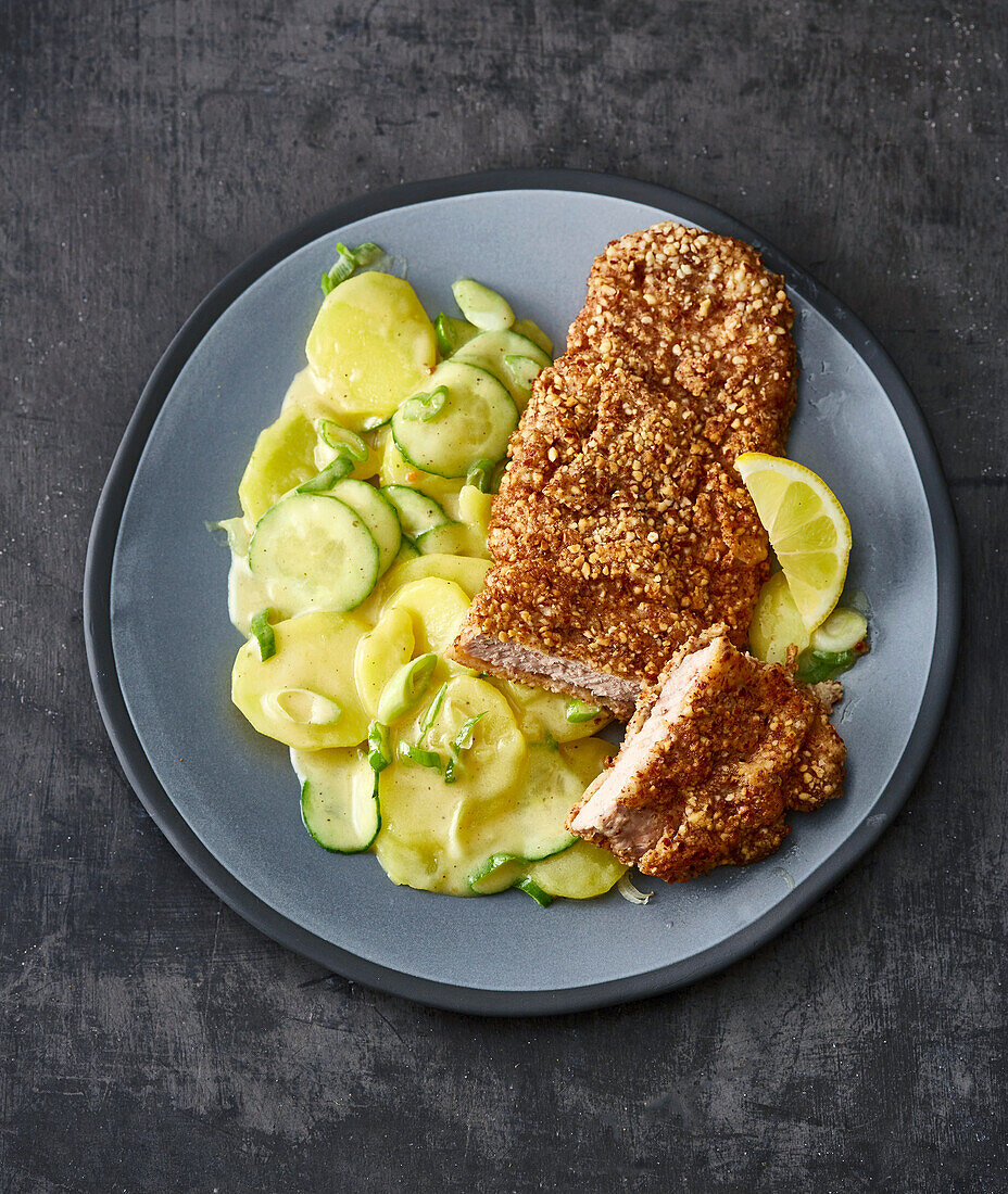 Hazelnut schnitzel with potato salad