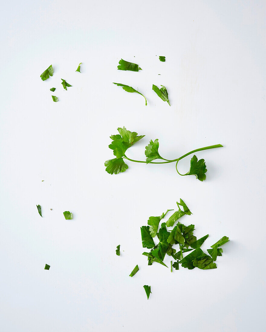 Parsley sprigs and chopped parsley on a white background