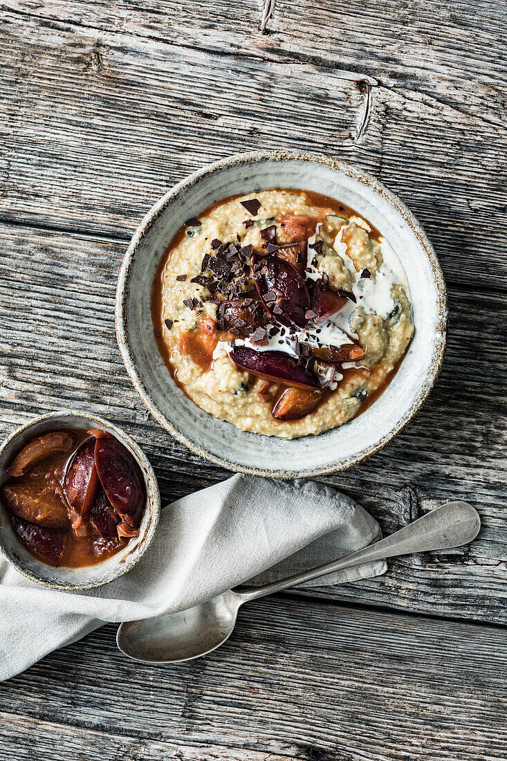 Porridge with plum and date compote