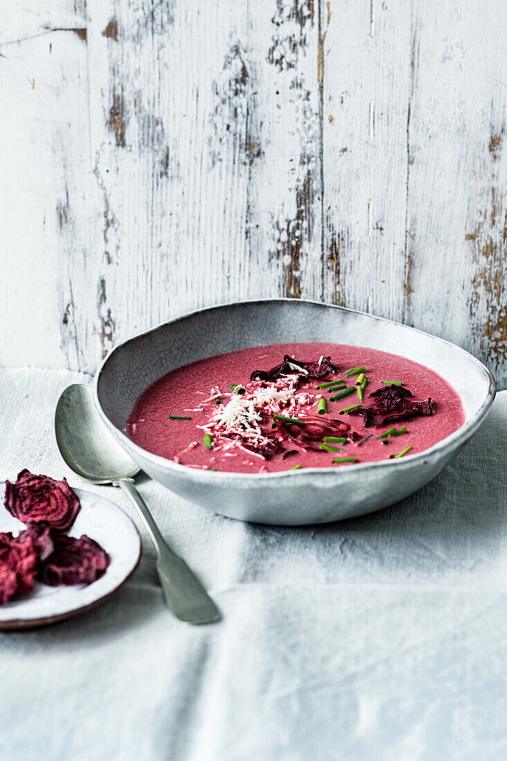 Beetroot soup with homemade beetroot chips