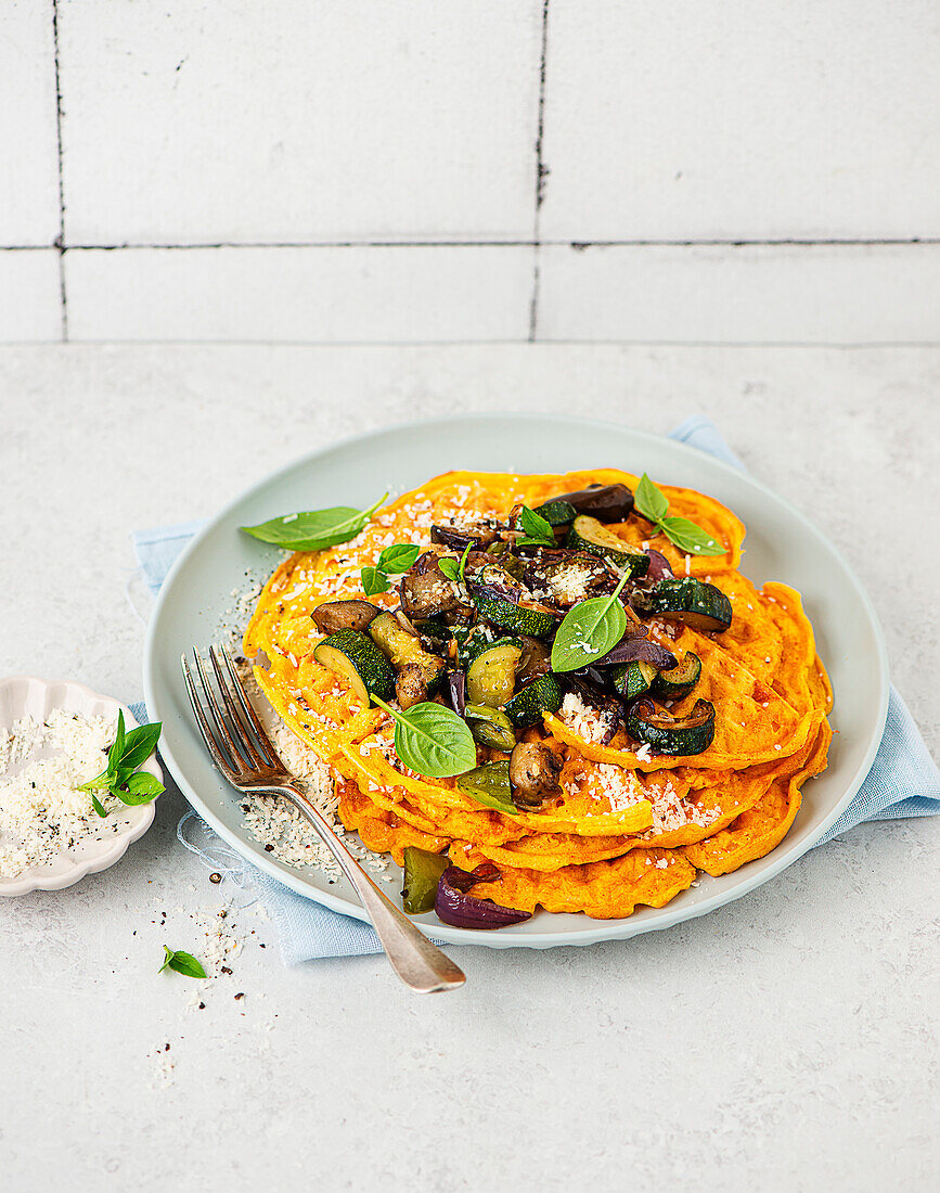 Hearty pumpkin waffles with oven vegetables